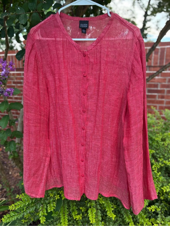 Eileen Fisher Tops - EILEEN FISHER Coral Red Italian Linen Button Front Long Sleeve Tunic Top Size M